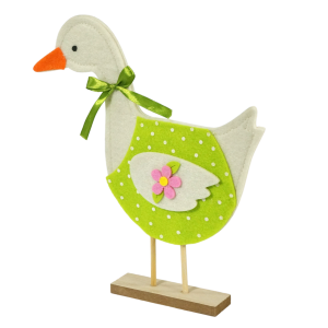 Wiosenna figurka filcowej kaczki o wysokości 26 cm, widoczna w pełnej okazałości z profilu, z wyraźnymi detalami wykończenia.