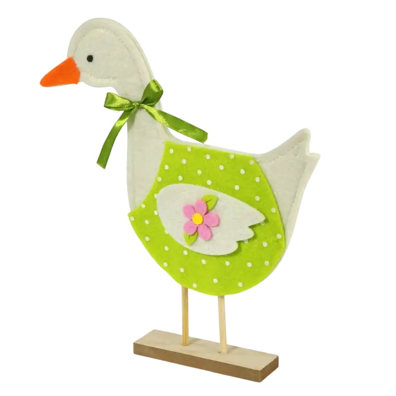 Wiosenna figurka filcowej kaczki o wysokości 26 cm, widoczna w pełnej okazałości z profilu, z wyraźnymi detalami wykończenia.