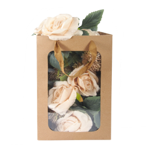 Pusta w środku kraftowa torebka kwiatowa 30x20x16 cm z wygodnym uchwytem i widocznym przezroczystym okienkiem.