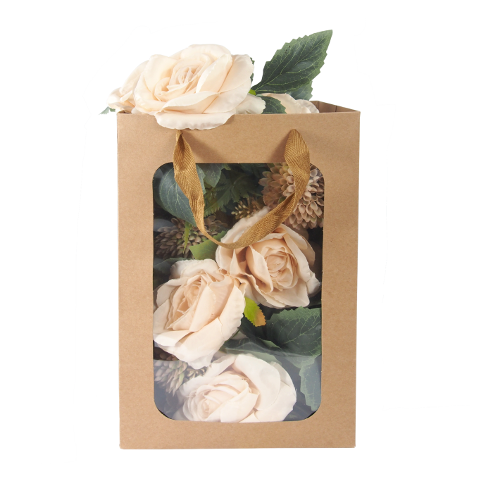 Pusta w środku kraftowa torebka kwiatowa 30x20x16 cm z wygodnym uchwytem i widocznym przezroczystym okienkiem.