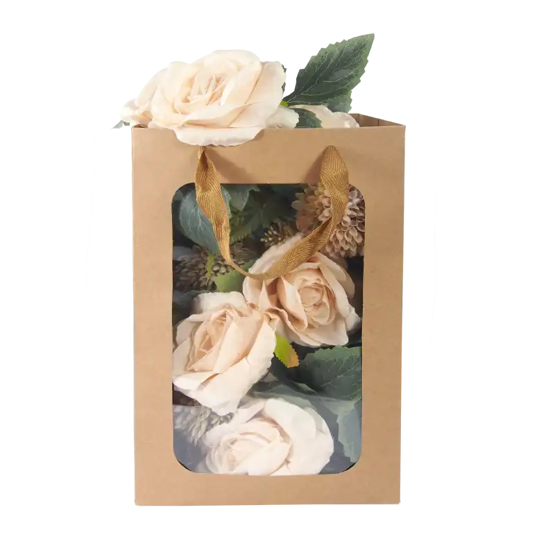 Pusta w środku kraftowa torebka kwiatowa 30x20x16 cm z wygodnym uchwytem i widocznym przezroczystym okienkiem.