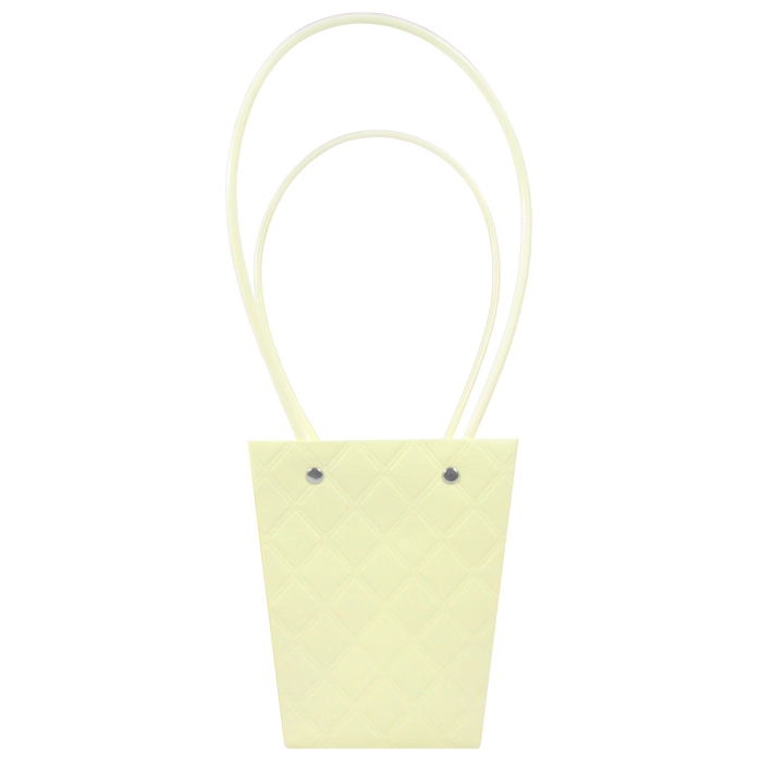 Żółta pikowana torebka na kwiaty 36 cm z wyraźnym wzorem w romby i dwoma uchwytami. Estetyczna oprawa prezentowa o podstawie 8x8 cm.