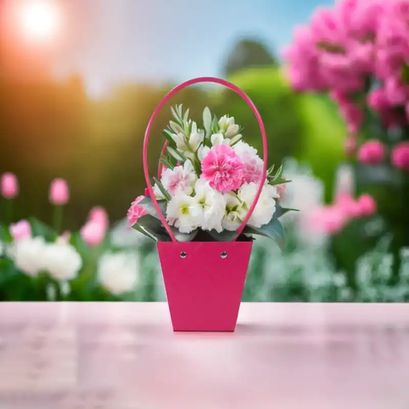Różowa torebka na kwiaty 36 cm z pikowaną fakturą, wypełniona bukietem kwiatów. Elegancki dodatek do aranżacji roślin doniczkowych, żywych i sztucznych.