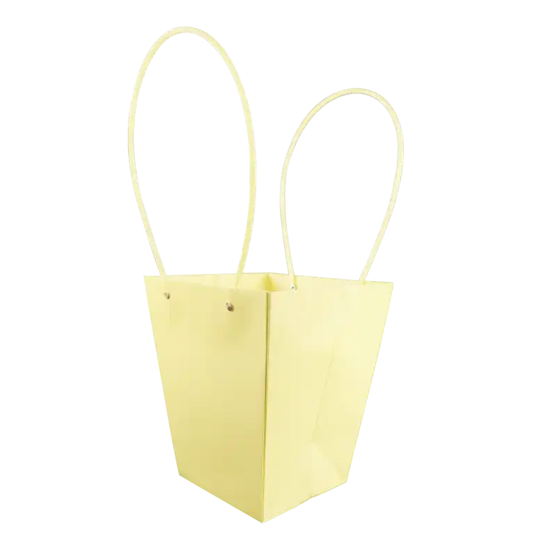 Żółta torebka na kwiaty o wysokości 42 cm wykonana z papieru. Posiada dwa wygodne uchwyty, które ułatwiają przenoszenie roślin. Produkt stanowi estetyczną oprawę prezentową dla kwiatów żywych oraz sztucznych.