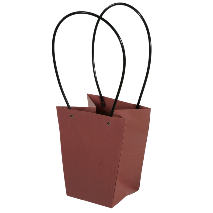 Pudrowa różowa torebka kwiatowa o wysokości 42 cm z czarnymi uchwytami. Wykonana ze wzmacnianego papieru z ochronną warstwą wewnętrzną, idealna na flower boxy.
