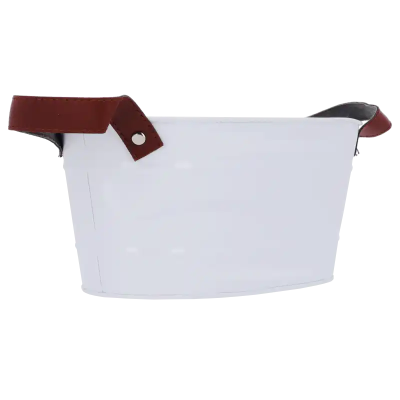 Kątowe ujęcie białej osłonki metalowej 30 cm. Widoczny owalny profil naczynia oraz sposób osadzenia uchwytów, które nadają całości nowoczesnego i eleganckiego wyglądu.