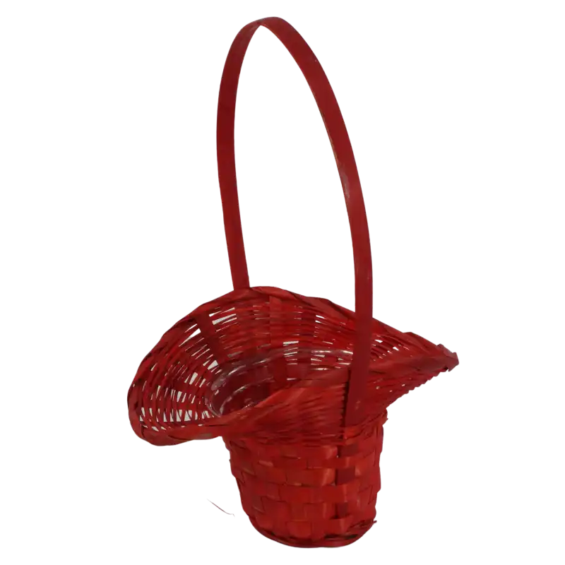 Ręcznie wyplatany czerwony kosz bambusowy o średnicy 32 cm z praktycznym, przezroczystym wkładem, który chroni przed przeciekaniem wody.
