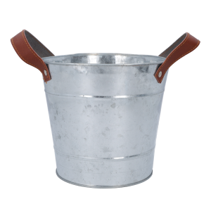 Pusta metalowa osłonka o średnicy górnej 18 cm z charakterystycznymi brązowymi uchwytami z ekoskóry.