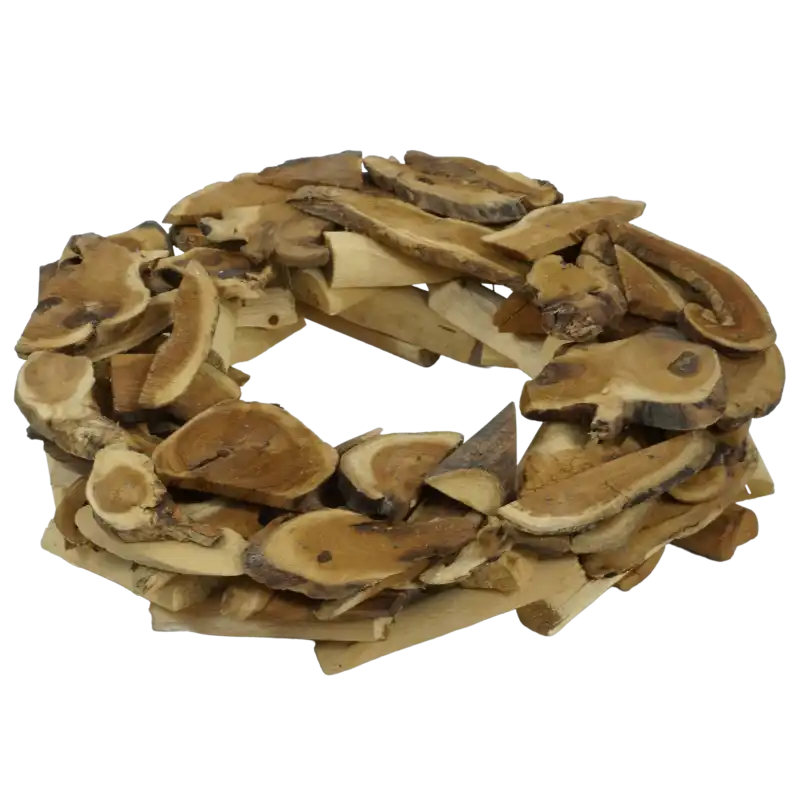 Naturalny drewniany wianek o średnicy 35 cm. Baza pod stroiki z nieregularnych elementów drewna w odcieniach brązu.