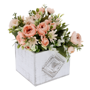 Kwadratowa osłonka drewniana 14x14 cm z rączką, prezentująca kompozycję z różowych kwiatów. Idealna do dekoracji wnętrz.