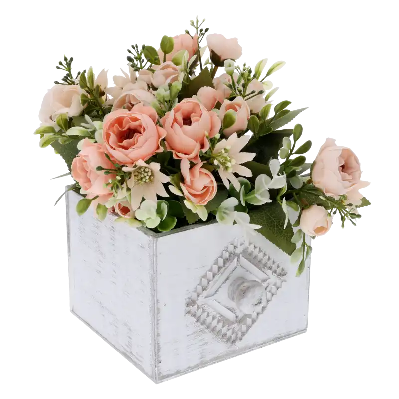 Kwadratowa osłonka drewniana 14x14 cm z rączką, prezentująca kompozycję z różowych kwiatów. Idealna do dekoracji wnętrz.