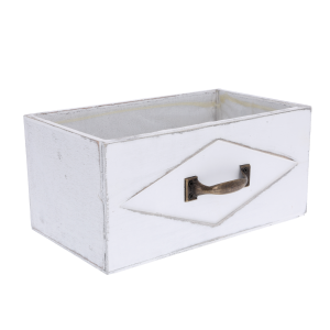 Pusta drewniana osłonka w kształcie szuflady 23x13 cm z widocznym wnętrzem wyłożonym folią ochronną, na białym tle.