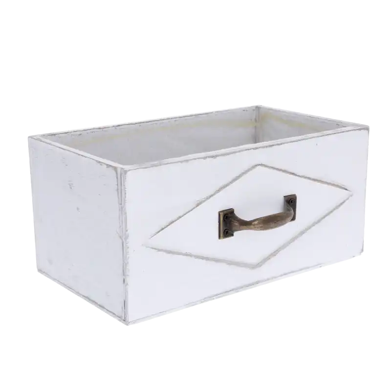 Pusta drewniana osłonka w kształcie szuflady 23x13 cm z widocznym wnętrzem wyłożonym folią ochronną, na białym tle.