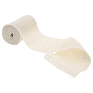 Rolka taśmy jutowej 12 cm 5yd z rozwiniętym końcem ukazującym naturalną strukturę materiału.