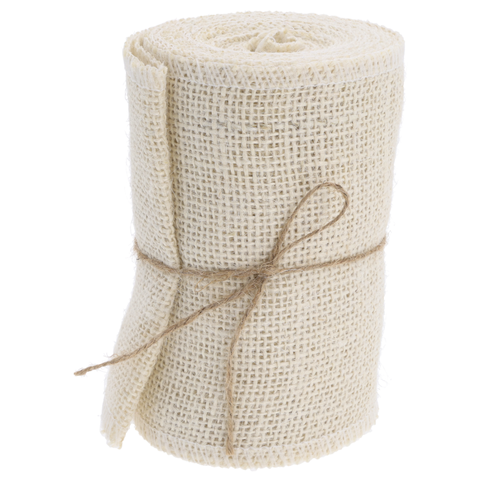 Zwinięta taśma jutowa 12 cm 5yd przewiązana cienkim sznurkiem dla zachowania formy rolki.