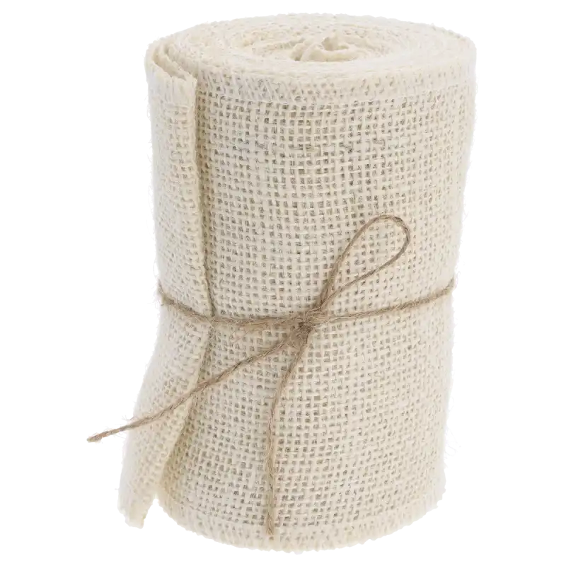 Zwinięta taśma jutowa 12 cm 5yd przewiązana cienkim sznurkiem dla zachowania formy rolki.