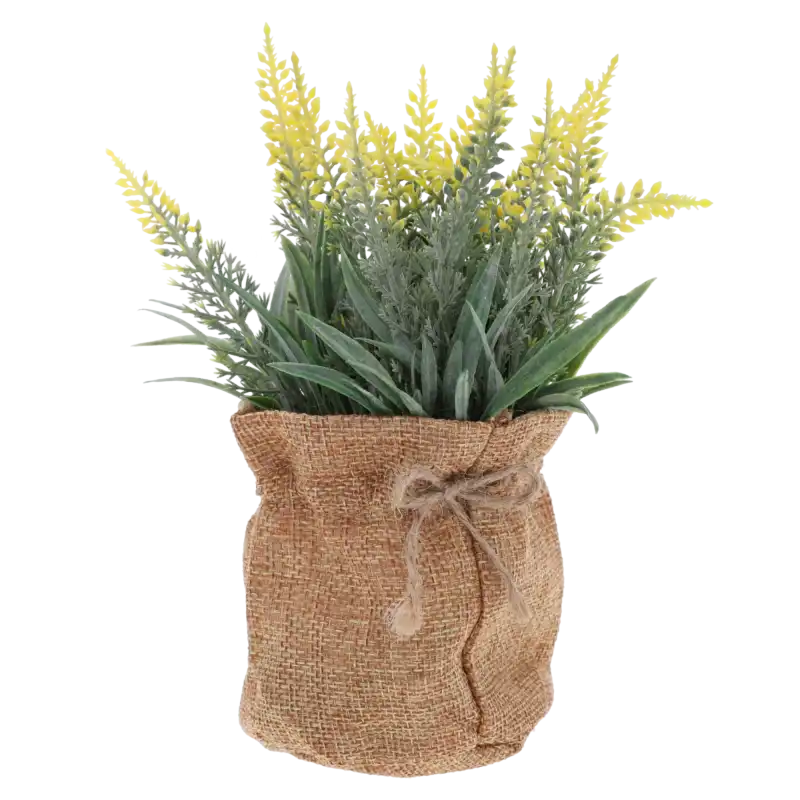Naturalny lniany woreczek 9x10 cm z jutowym sznurkiem, prezentowany jako dekoracyjna osłonka na doniczkę z rośliną.