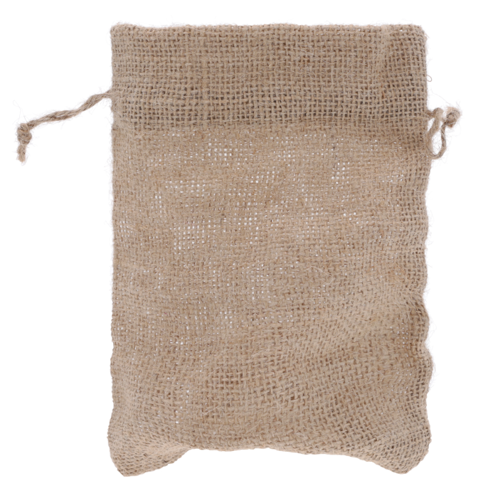 Pusty jutowy woreczek o wymiarach 15x20 cm z naturalnego materiału z wszytym sznurkiem do łatwego wiązania upominków.