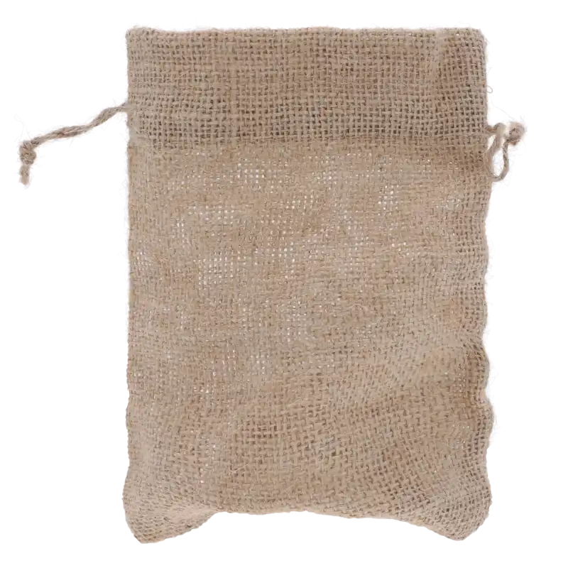 Pusty jutowy woreczek o wymiarach 15x20 cm z naturalnego materiału z wszytym sznurkiem do łatwego wiązania upominków.