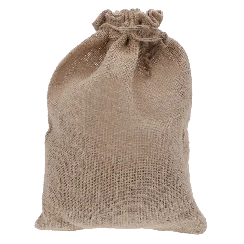 Pusty worek jutowy o wymiarach 26x36 cm z naturalnego materiału, wyposażony w praktyczny sznurek do łatwego wiązania.