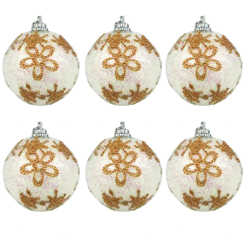 Zestaw 6 nietłukących bombek choinkowych o średnicy 5 cm. Ozdoby posiadają dekoracyjny motyw kwiatka wykonany z juty oraz wykończenie z połyskującymi drobinkami, idealne do świątecznych kompozycji.
