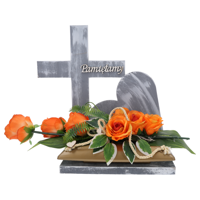 statuetka nagrobna, serce z krzyżem, dekoracja grobu, napis Pamiętamy, podstawka na znicze, kompozycje kwiatowe, drewniana statuetka, szara statuetka, dekoracje nagrobne