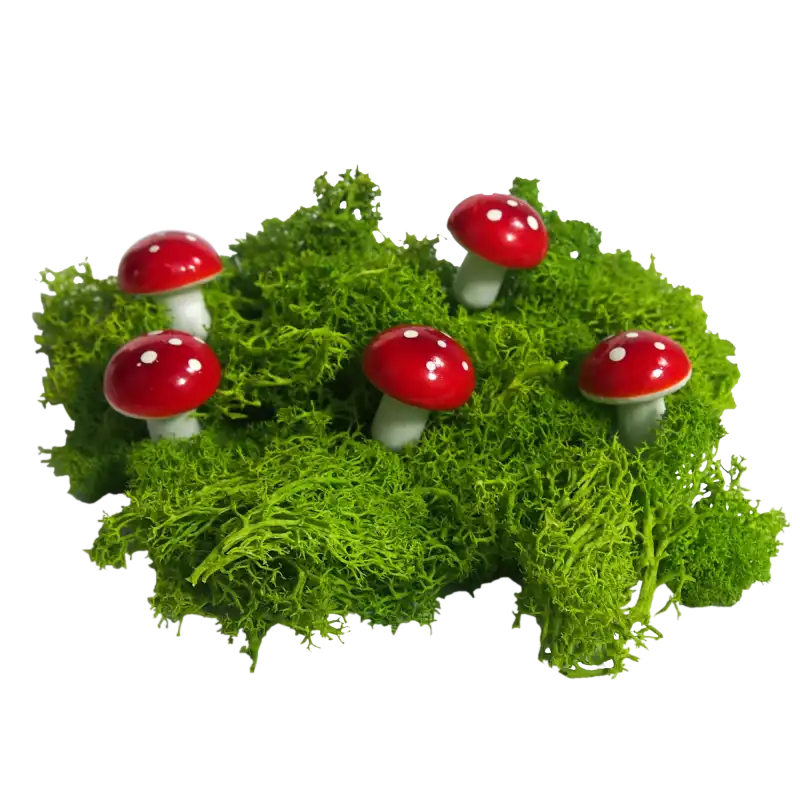 Dekoracja jesienna przedstawiająca kilka muchomorów umieszczonych w kępie zielonego mchu. Naturalna imitacja leśnego runa.