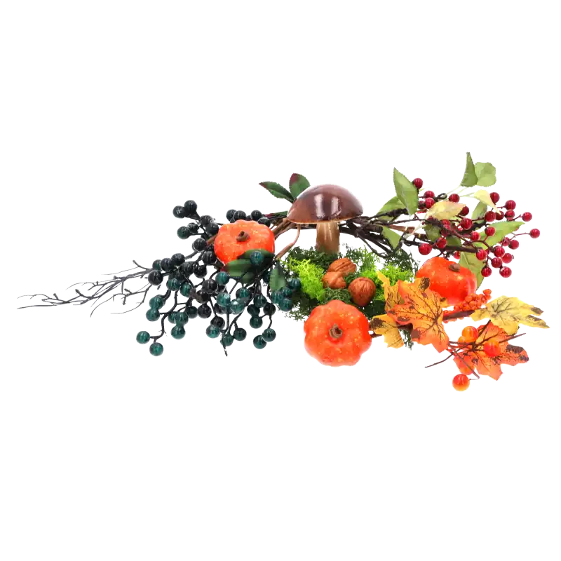 Jesienna kompozycja florystyczna z wykorzystaniem ozdobnych dyń, sztucznych jagód, liści i figurki grzyba. Elementy idealne do stroików.