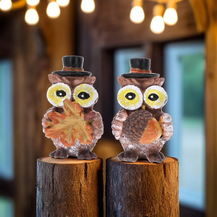 figurki sowy, samoprzylepne ozdoby, dekoracje jesienne, upominki na Dzień Nauczyciela, ozdoby do stroików, figurki z polyresinu, dekoracje DIY - ozdoby jesienne