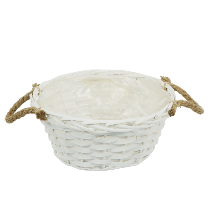 osłonka z uchwytami 25 cm, osłonka na doniczkę wiklina, osłonka okrągła biała, osłonka z folią ochronną, wiklina biała z uchwytami, osłonka do kwiatów, elegancka osłonka na rośliny, dekoracyjna osłonka wiklinowa, praktyczna osłonka z jutowym sznurem