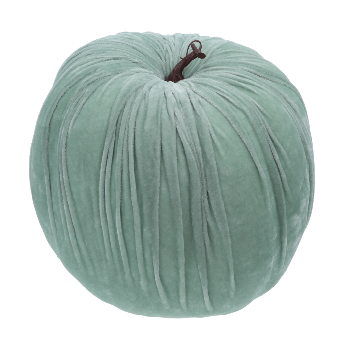 Turkusowa dynia welurowa 32 cm jako elegancka ozdoba jesienna. Miękki welur i realistyczny ogonek na białym tle.