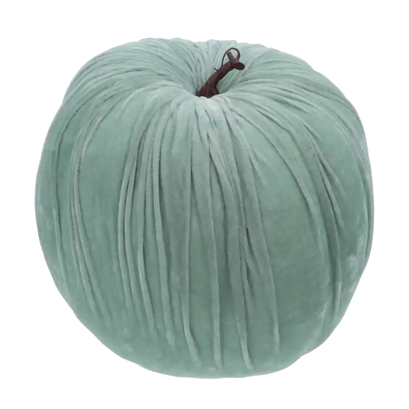 Turkusowa dynia welurowa 32 cm jako elegancka ozdoba jesienna. Miękki welur i realistyczny ogonek na białym tle.