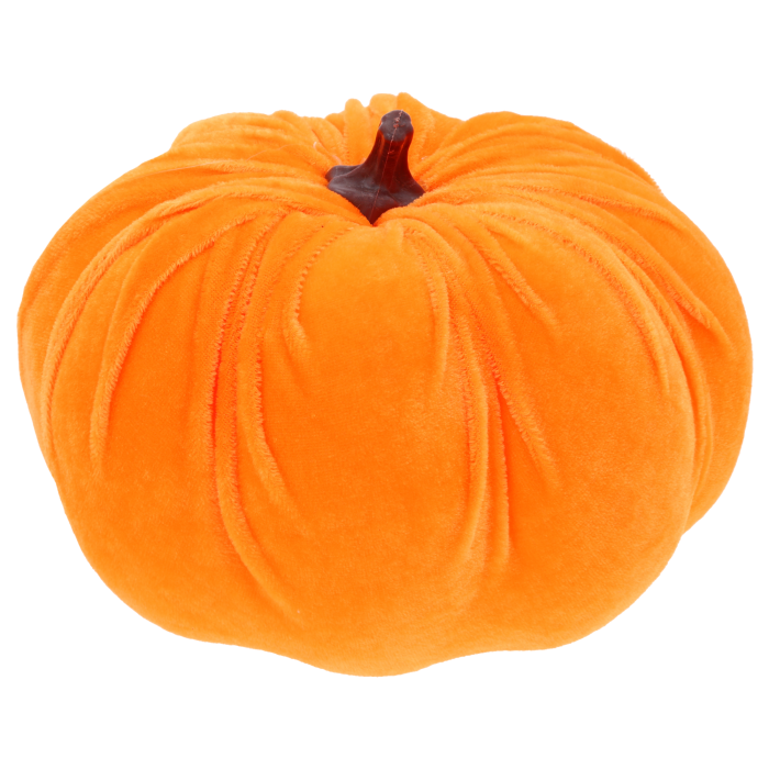 Pomarańczowa dynia welurowa 20 cm, idealna jako jesienna dekoracja wnętrz o eleganckim wyglądzie.