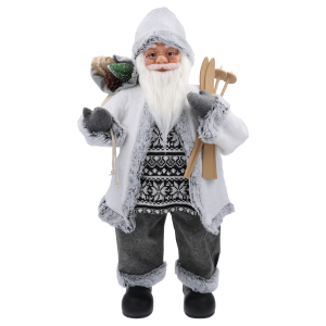 Figurka Mikołaja 85 cm w szaro-białym kubraczku i swetrze z dzianiny, trzymająca drewniane narty.