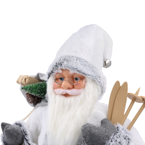 Portret Mikołaja w okularach, z wyraźnym detalem czapki, brody oraz worka z gałązką.