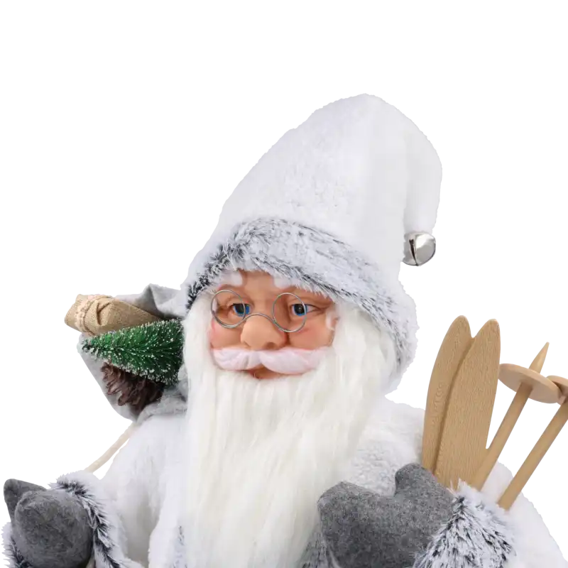Portret Mikołaja w okularach, z wyraźnym detalem czapki, brody oraz worka z gałązką.