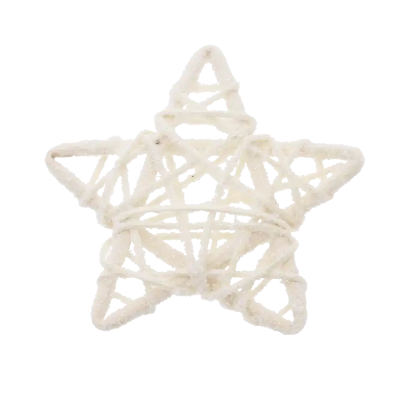 Pojedyncza kremowa gwiazdka rattanowa o średnicy 8 cm z widocznym brokatowym wykończeniem. Produkt stanowi elegancki dodatek do zimowych aranżacji.