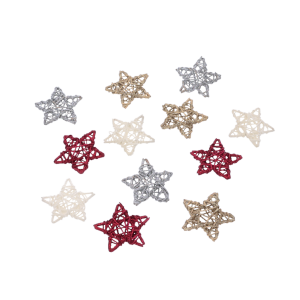 Zestaw różnokolorowych gwiazdek rattanowych o średnicy 8 cm. W składzie znajdują się kremowe, srebrne, złote oraz czerwone ozdoby brokatowe.