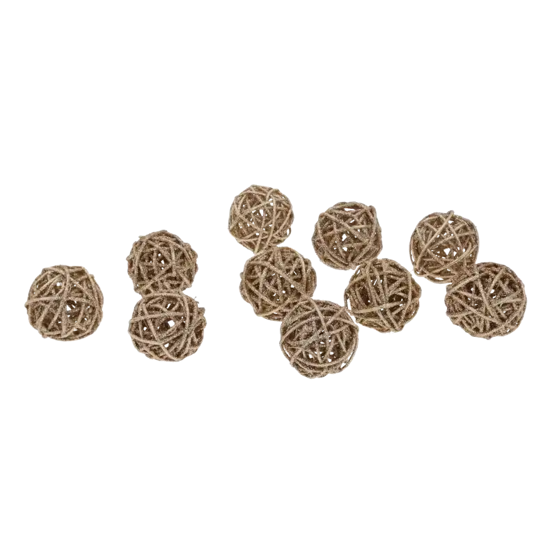 Komplet 10 sztuk złotych kul rattanowych o średnicy 5 cm, pokrytych błyszczącą warstwą brokatu, widocznych na białym tle.