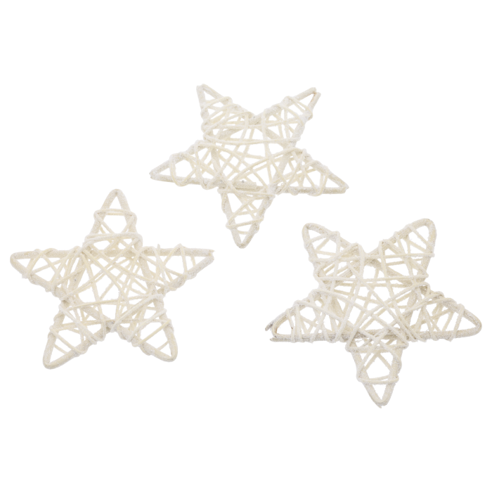 Zbliżenie na trzy gwiazdki rattanowe w kolorze ecru, zdobione drobinami brokatu. Produkt o średnicy 12 cm, idealny jako element do tworzenia stroików i dekoracji świątecznych.