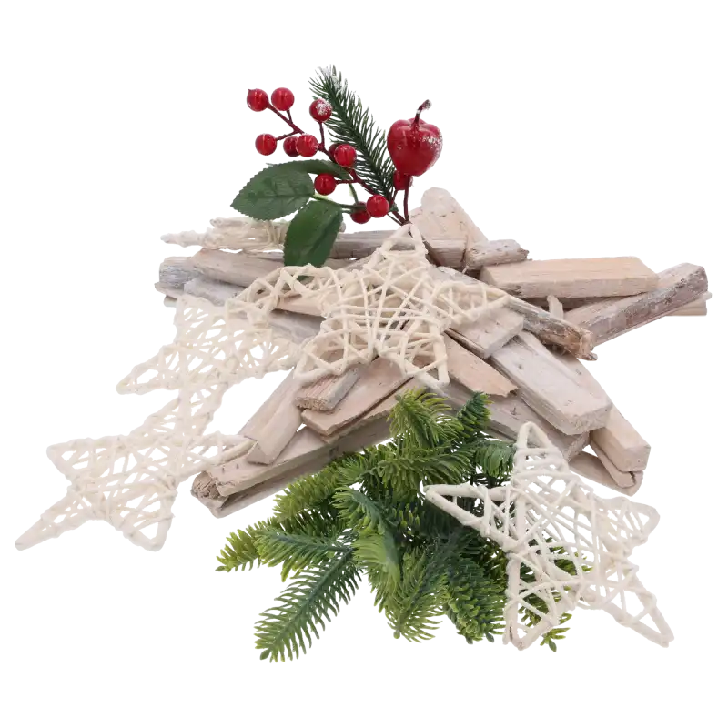 Kompozycja świąteczna z wykorzystaniem gwiazdek rattanowych 12 cm, gałązek świerku oraz ozdobnych owoców. Przykład zastosowania artykułów dekoracyjnych w bożonarodzeniowych stroikach.