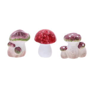 Komplet trzech ceramicznych grzybków o wysokości 8 cm. Dekoracja w różnych wzorach, idealna do jesiennych stroików, aranżacji roślinnych i jako naturalny dodatek do wystroju wnętrz.