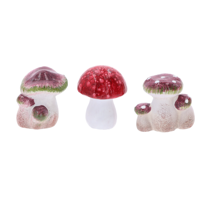 Komplet trzech ceramicznych grzybków o wysokości 8 cm. Dekoracja w różnych wzorach, idealna do jesiennych stroików, aranżacji roślinnych i jako naturalny dodatek do wystroju wnętrz.
