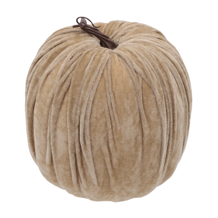 Ozdobna dynia w odcieniu cappuccino, lekka konstrukcja pokryta tkaniną. Model o średnicy 20 cm pasuje do wielu wnętrz.