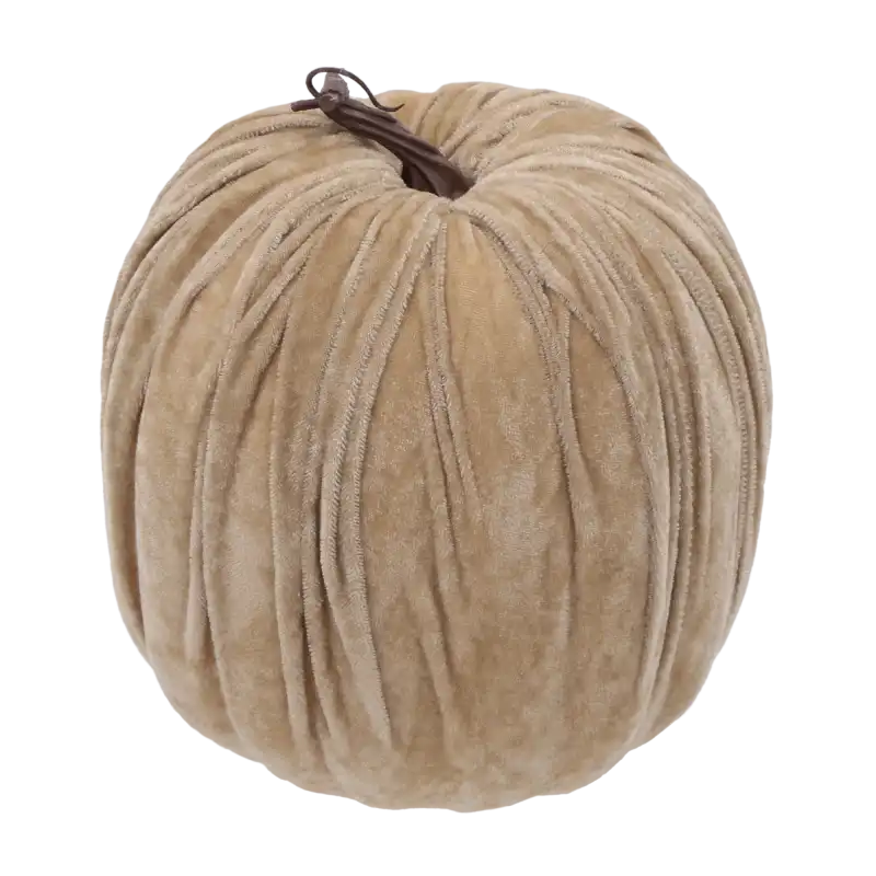 Ozdobna dynia w odcieniu cappuccino, lekka konstrukcja pokryta tkaniną. Model o średnicy 20 cm pasuje do wielu wnętrz.