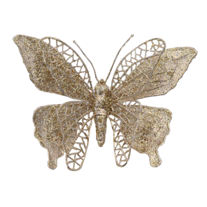 Złoty brokatowy motyl na klipsie o rozmiarze 15 cm. Dekoracyjna zawieszka z ażurowym wzorem, idealna do wnętrz.