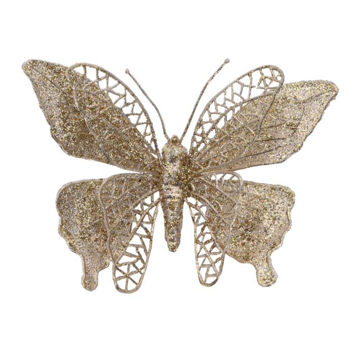 Złoty brokatowy motyl na klipsie o rozmiarze 15 cm. Dekoracyjna zawieszka z ażurowym wzorem, idealna do wnętrz.