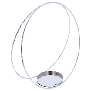 Nowoczesna srebrna konstrukcja w kształcie koła 30 cm, ujęta z profilu, ukazująca smukły profil metalowej bazy.
