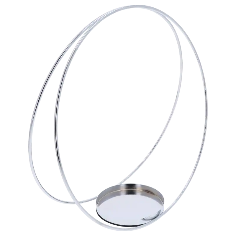 Nowoczesna srebrna konstrukcja w kształcie koła 30 cm, ujęta z profilu, ukazująca smukły profil metalowej bazy.