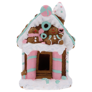 Ceramiczny domek z piernika 35 cm z postaciami pierniczków i cukrowymi zdobieniami, oświetlany ciepłym światłem LED.